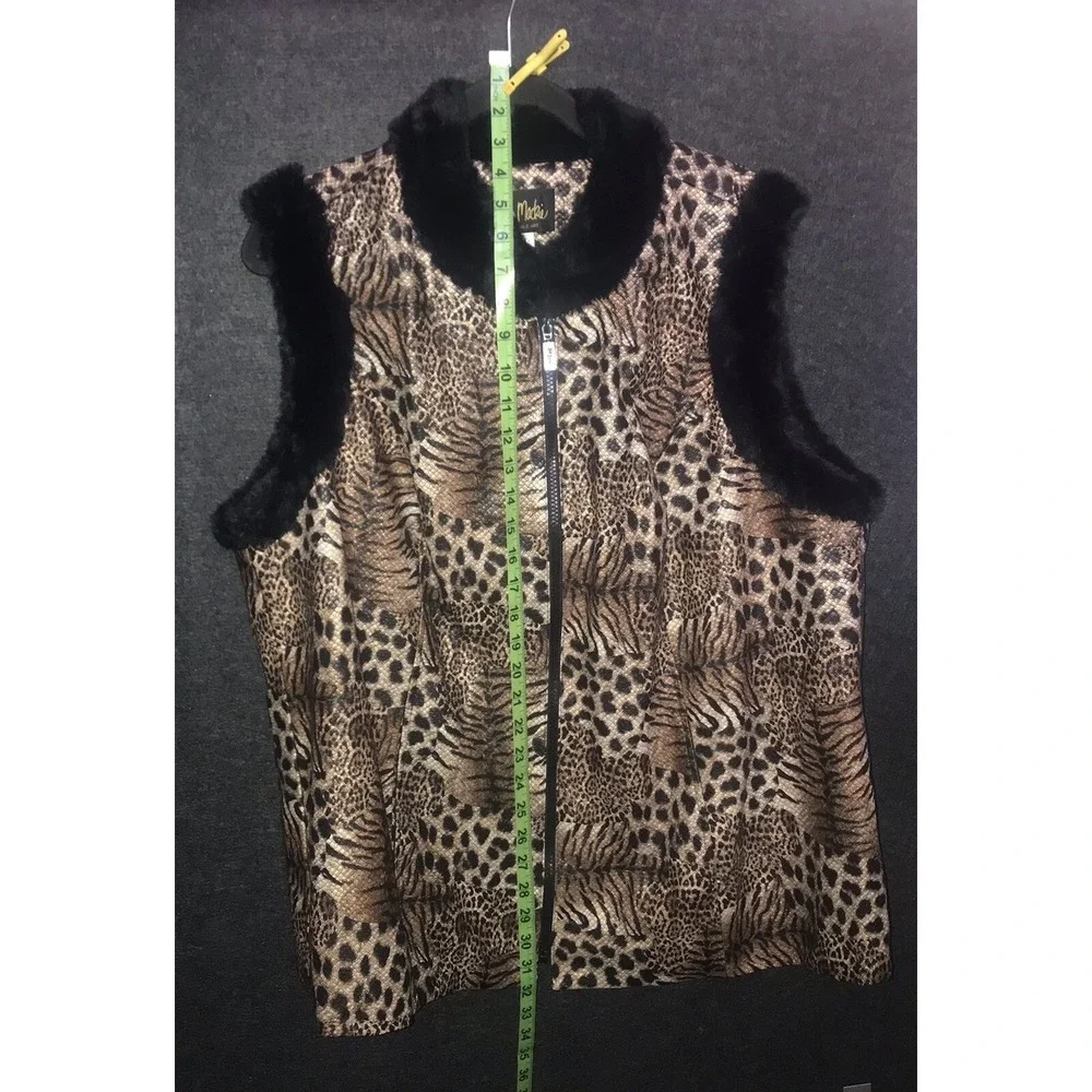 Bob Mackie Vest Zip Wearable Art Brown Safari Animal Print Black Faux Fur Trim - Picture 10 of 11